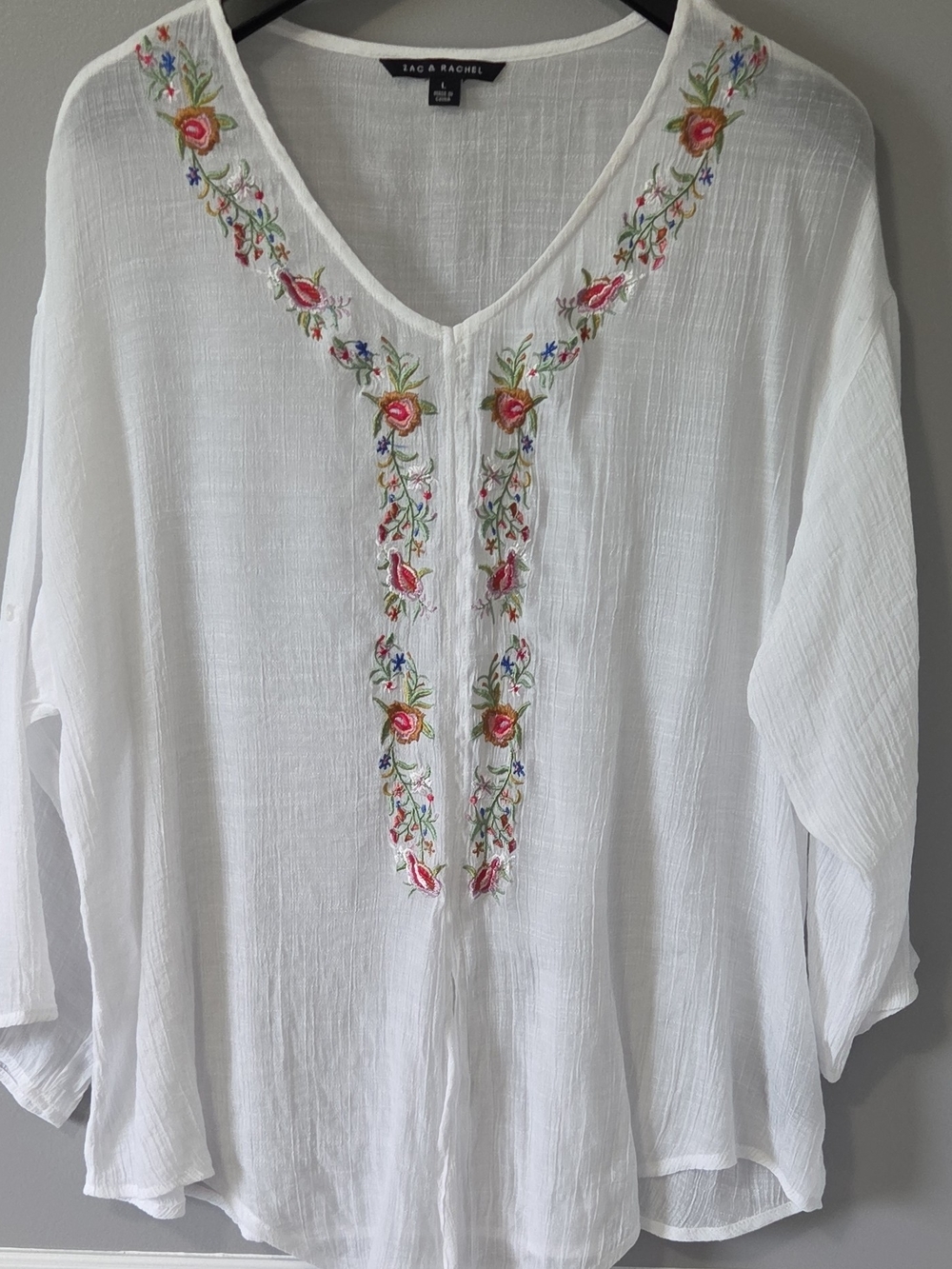 Zac & Rachel White Embroidered V-Neck 3/4 Rolled Sleeve Bottom Tie Women’s Top L
